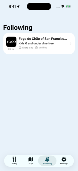 Kids Eat Free Following screen showing multiple followed restaurants.