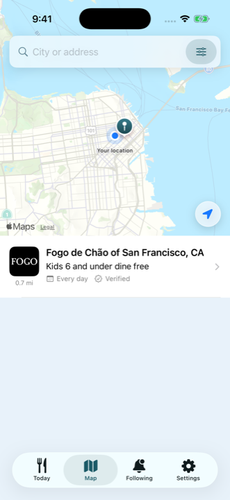 Kids Eat Free map screen showing multiple nearby restaurant deals.