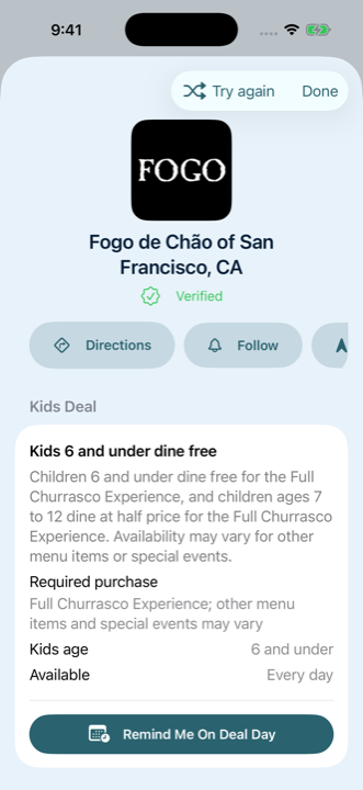 Kids Eat Free random pick screen showing a selected restaurant deal.