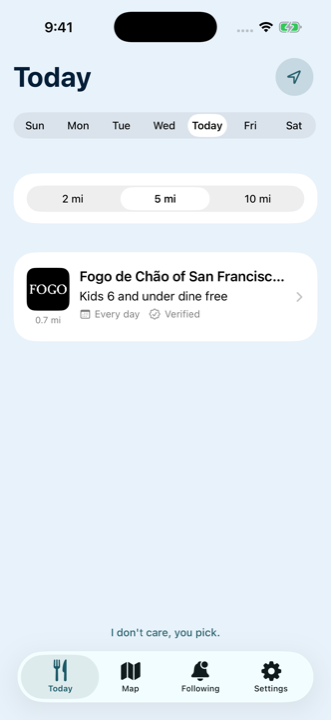 Kids Eat Free Today screen showing multiple nearby deals.